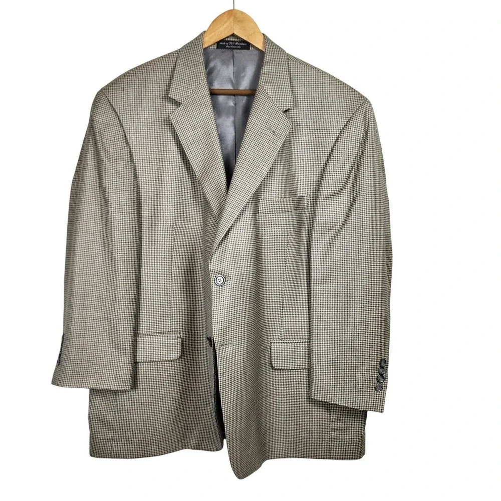 Andrew Fezza Houndstooth Blazer 46S Tan Blue Silk Wool Sport Coat Casual Vintage
